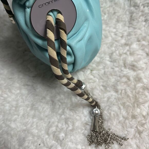 Cromia leather Blue shoulder bag Khaki & brown accent silver tone chain charms - Picture 6 of 16